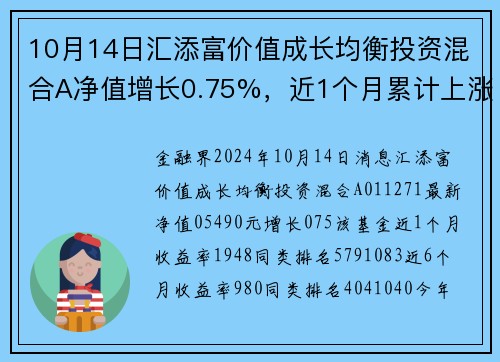 10月14日汇添富价值成长均衡投资混合A净值增长0.75%，近1个月累计上涨19.48%