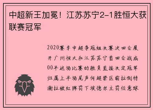 中超新王加冕！江苏苏宁2-1胜恒大获联赛冠军